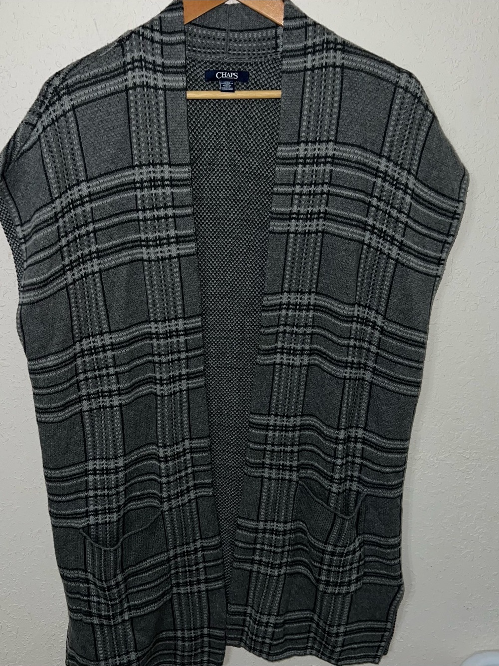 Chaps Women Gray Plaid Open-Front Vest Knit Cardigan Check Pockets Size Large